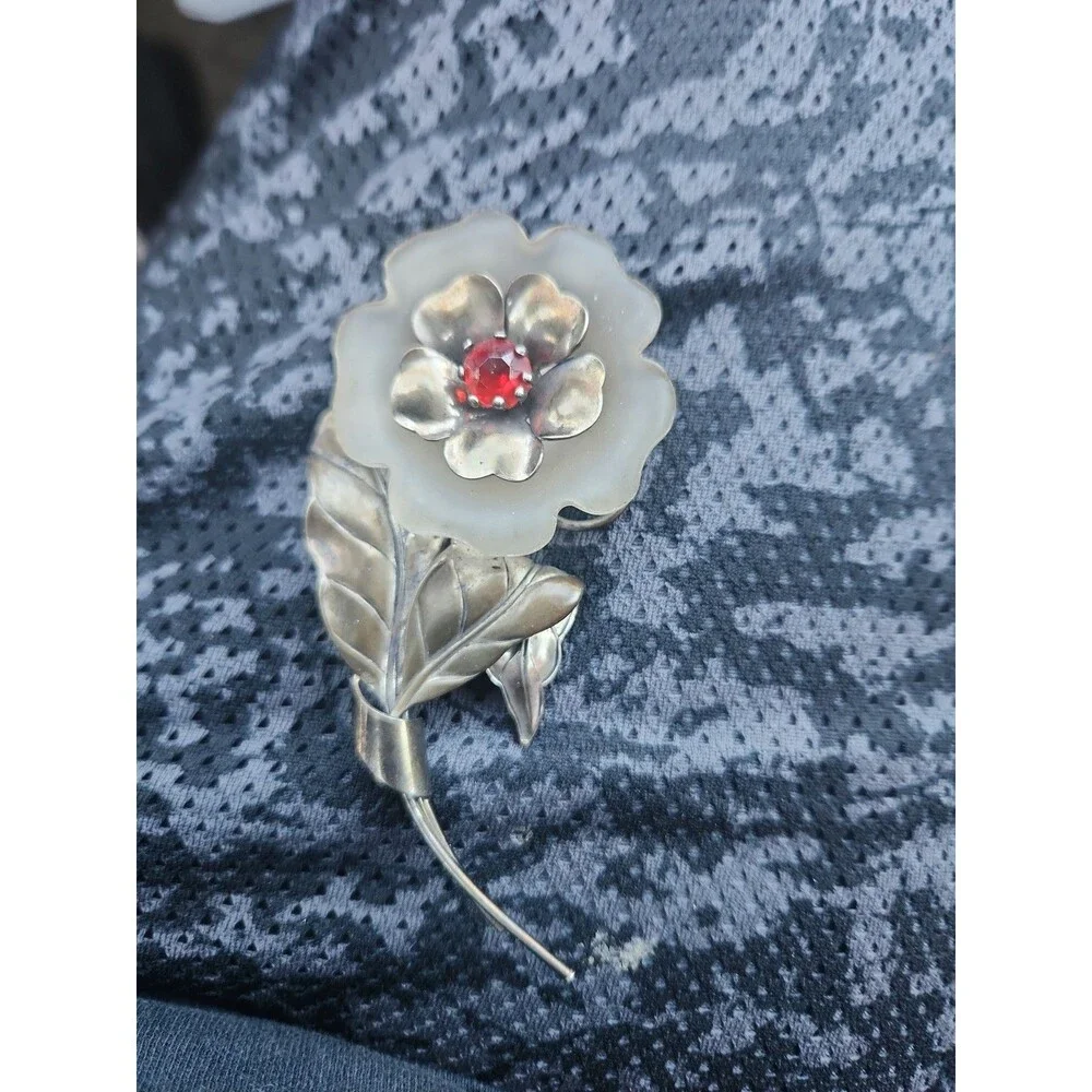 RARE Sterling Silver Carl Art Co. Frosted Glass Figural Flower Brooch